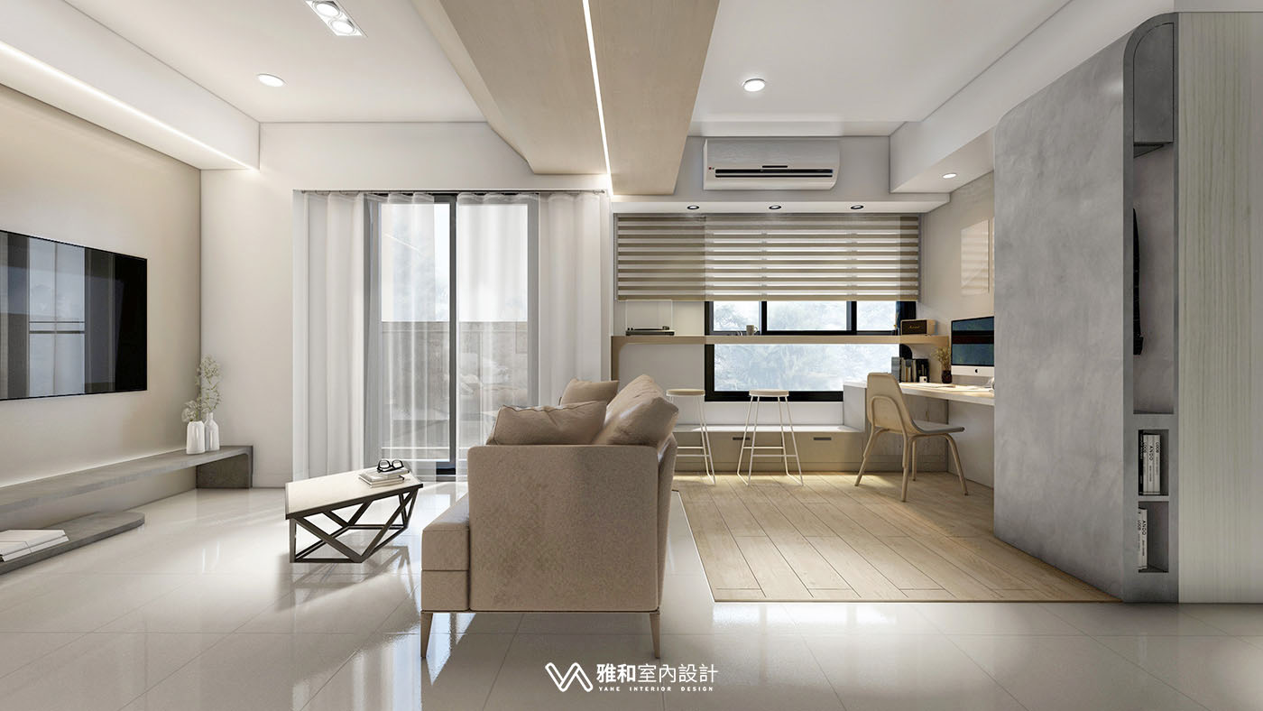 龍潭新成屋客廳與書房一體規劃的簡約風設計示意圖，雅和室內設計新成屋裝潢案例